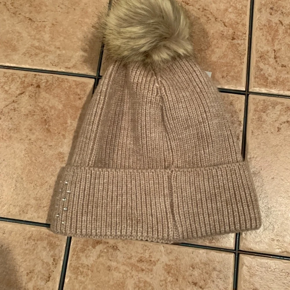 BP Embellished Knit Beanie with Faux Fur Pom Pom in Oatmeal One Size NWT